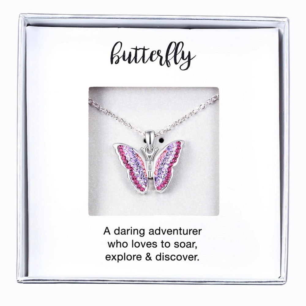 Butterfly Necklace SILVER TONE PURPLE GIFT BOX Valentines Anniversary Birthday